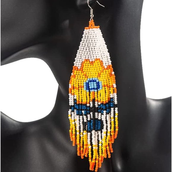 Long 6" Handmade Beaded Blue Purple Flower Oversized Earrings Beads Handcrafted - Picture 3 of 5